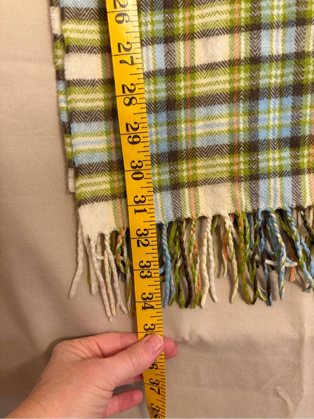 100% Cashmere Vintage Plaid Fringe Scarf in Green, Blue & Cream Made in England
